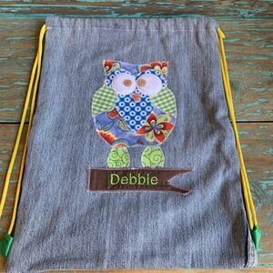 Retro Homemade Owl Denim Daypack Debbie Personalized Vintage Style Floral Bag